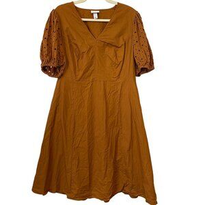 Ava & Viv Womens Eyelet Sleeve Dress 0X Brown Cotton Blend V-Neck